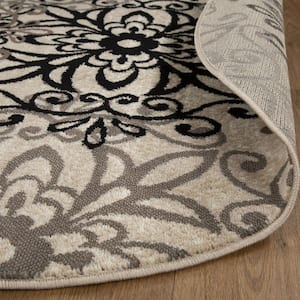 8 ft. Round Tan Gray and Black Round Floral Medallion Stain Resistant Area Rug