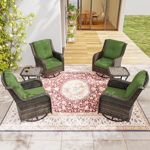 6-Piece Wicker Patio Conversation Set with All-Weather Swivel Rocking Chairs Green Cushions