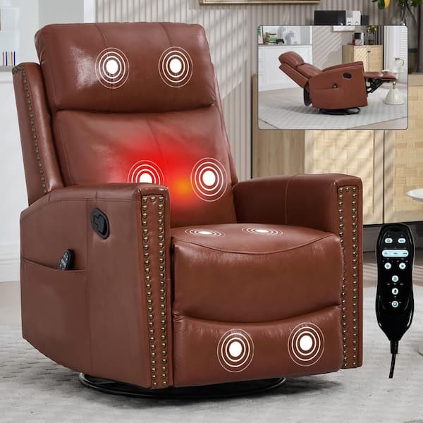 Red Gnuine Leather Heat Massage Manual Recliner Chair with Rocker and Swivel for Living Room