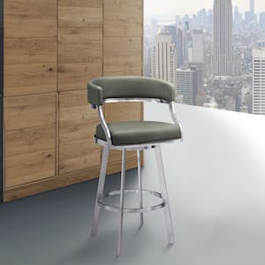 Saturn Contemporary 26 in. Counter Height Bar Stool in Brushed Stainless Steel and Grey Faux Leather