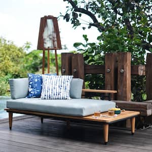 Pilsen Teak Wood and Metal Outdoor Sofa Day Bed with Blue Spruce Cushion