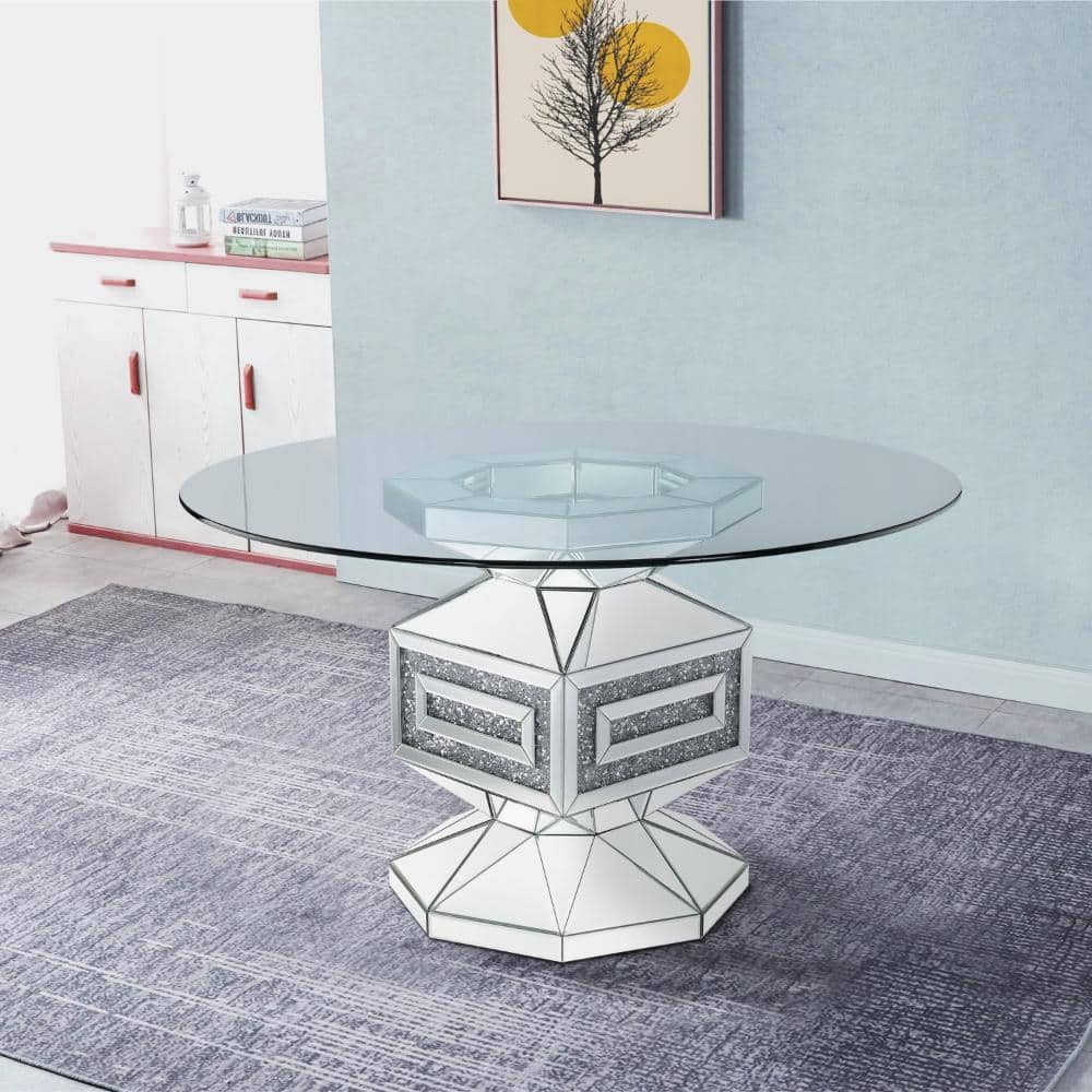Contemporary Round Glass Dining Table with Mirrored Pedestal
