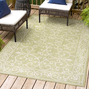 Charleston Vintage Filigree Textured Weave Green/Cream 3 ft. x 5 ft. Indoor/Outdoor Area Rug