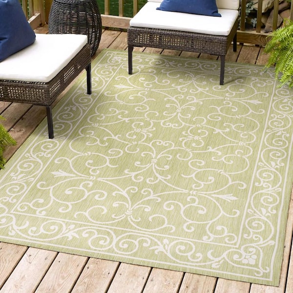 Charleston Vintage Filigree Textured Weave Green/Cream 5 ft. x 8 ft. Indoor/Outdoor Area Rug