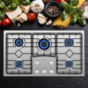 36 in. Recessed Gas Stove Cooktop with 5 Italy SABAF Sealed Burners NG/LPG Convertible in Stainless Steel