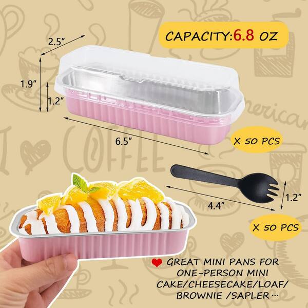 2.5 in. 6.8 oz. Rectangle Aluminum Disposable Mini Loaf Baking Pans with Lids for Cake Bread Loaf, Pink (50-Pack)
