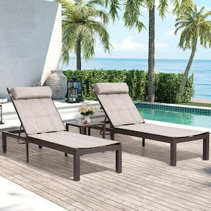 3-Piece Quilted Aluminum Adjustable Outdoor Chaise Lounge in Beige with Side Table