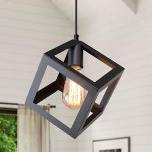 Modern Black Square Pendant Light DIY 1-Light Industrial Kitchen Island Bedroom Hallway Cube Hanging Chandelier (1-Pack)