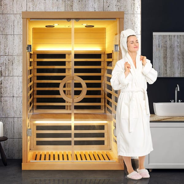 Aoibox - 2-Person Occupancy Indoor Hemlock Wood Far Infrared Double Glass Family Sauna Room with Dual Audio Bluetooth, Graphene