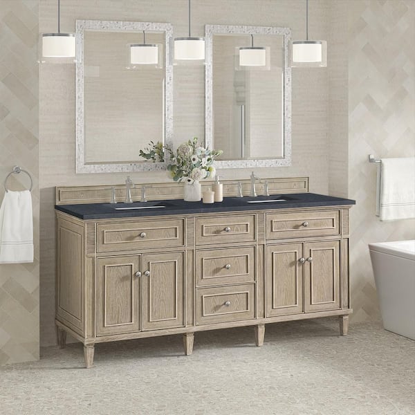 James Martin Vanities Lorelai 72.0 in. W x 23.5 in. D x 34.06 in. H Double Bath Vanity in Whitewashed Oak with Charcoal Soapstone Quartz Top