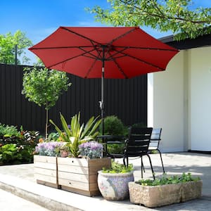 9 ft. Steel Solar LED Lighted Patio Market Umbrella with Auto Tilt, Easy Crank Lift in Red