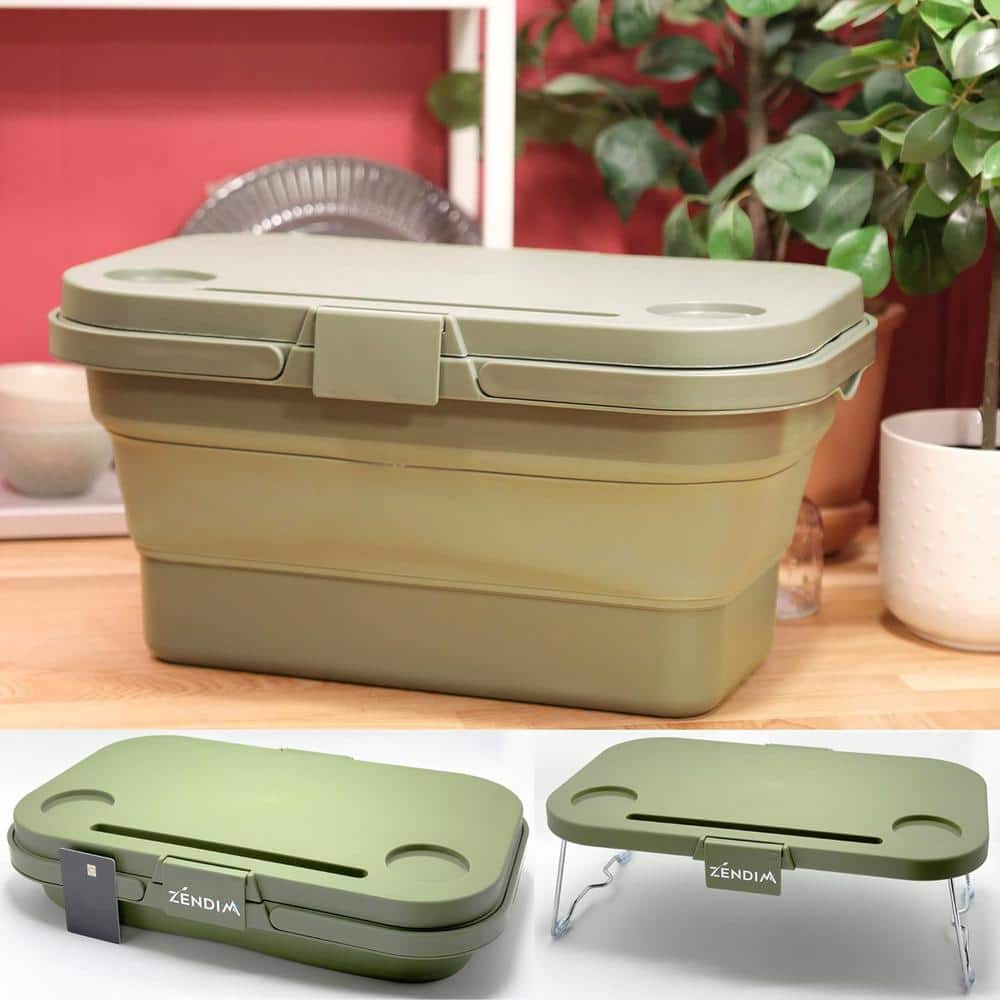 3 in. 1-Plastic Green Collapsible Food Storage with Built-In Table 16L 17 q