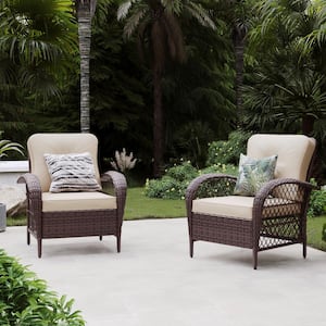2 Pieces Outdoor Brown Wicker Patio Conversation Sofa Seating Set with Cushions in Beige