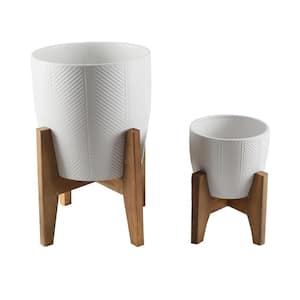 10 in. and 6.6 in. Matte White Chevron Ceramic Plant Pot on Wood Stand Stand Mid Century Planter (Set of 2)