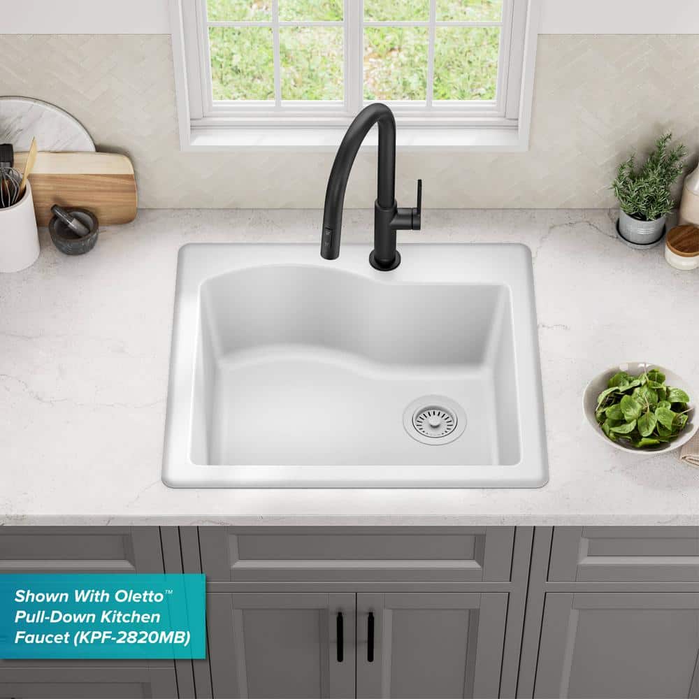25" White Granite Single Bowl Drop-In Kitchen Sink