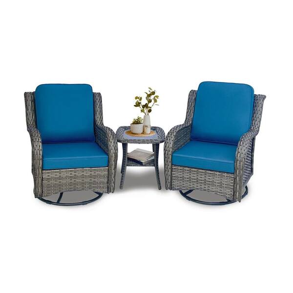 3-Piece Wicker Patio Conversation Set with Blue Cushions (2 Chairs and 1 Side Table)