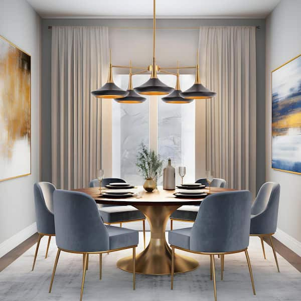 Modern Matte Black Island Chandelier with Bell Metal Shades for Kitchen 5-Light Plating Brass Dining Hanging Pendant