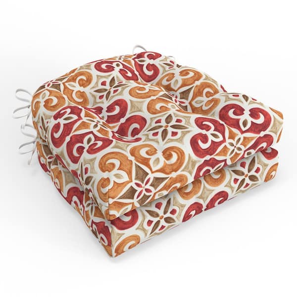 Pillow Perfect Medallion 19 in. W x 4 in. D Outdoor Square Tufted Wicker Seat Cushion with Ties, 2-Count, 19 x 19 Marbella Tuscan Brown