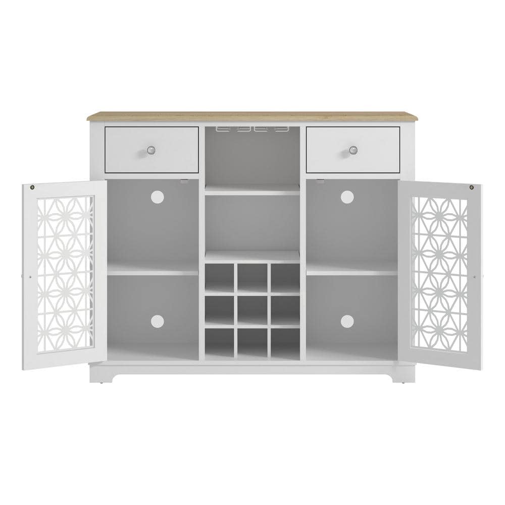 Festivo 47" White Wine Cabinet with Glass Doors and Wood Top