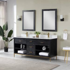 Kesia 72 in. W x 22 in. D x 34 in. H Double Sink Bath Vanity in Black Oak with White Composite Stone Top and Mirror