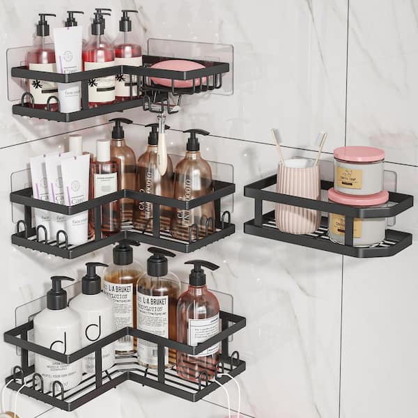 Shower Caddy Corner Organizer with Soap Holder, No Drilling and Adhesive for Dorm, Bathroom and Kitchen, Black (4-Pack)