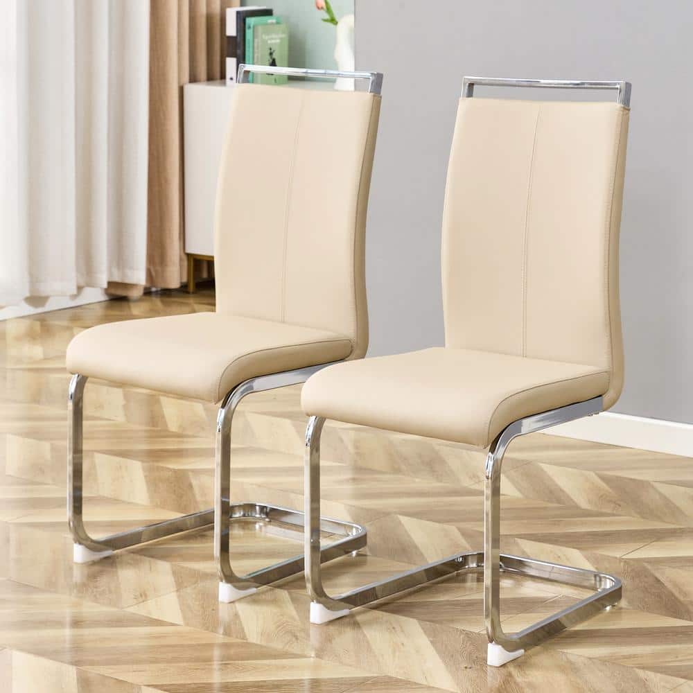 Modern Beige PU Leather High Back Dining Chair Upholstered Side Chair with 