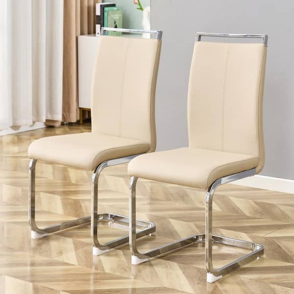 Unbranded Modern Beige PU Leather High Back Dining Chair Upholstered Side Chair with C-shaped Metal Legs Office Chair (Set of 2)