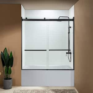 60 in. W x 62 in. H Double Sliding Frameless Tub Door in Matte Black Finish with Shatter Retention Clear Glass