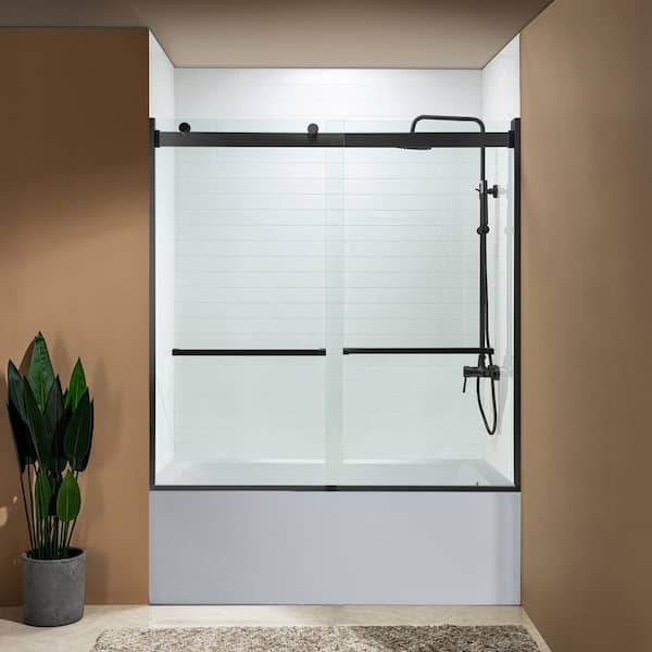 WOODBRIDGE 60 in. W x 62 in. H Double Sliding Frameless Tub Door in Matte Black Finish with Shatter Retention Clear Glass