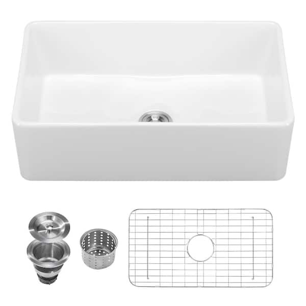 Fireclay Farmhouse Workstation Kitchen Sink, Undermount Apron-Front Single Bowl w/ Accessories, 33.5 x 20 in