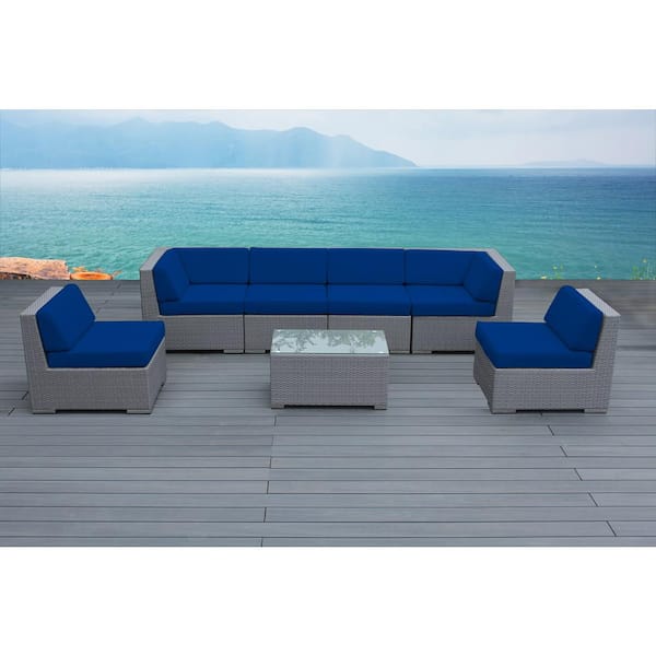 Ohana Depot Gray 7-Piece Wicker Patio Seating Set with Sunbrella Pacific Blue Cushions