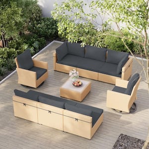 9-Piece Wicker Patio Conversation Set Sectional Seating Set with Swivels and Dark Gray Cushions