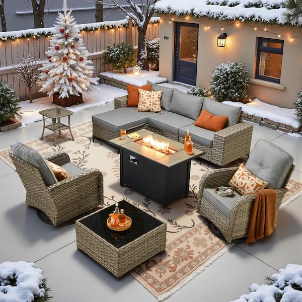 Verano 9-Piece Wicker Outdoor Patio Conversation Sofa Swivel Chairs Set with Metal Fire Pit and Dark Gray Cushions