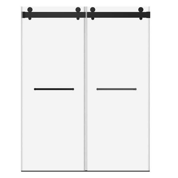 Aoibox 60 in. W. x 79 in. H x 0.38 in. D Frameless Double Sliding Shower in Matte Black Finish with Tempered Glass
