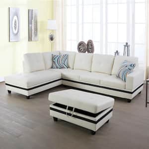 103 in. Square Arm PU Synthetic Leather L-Shaped 4-Seater Sofa With Ottoman in Beige