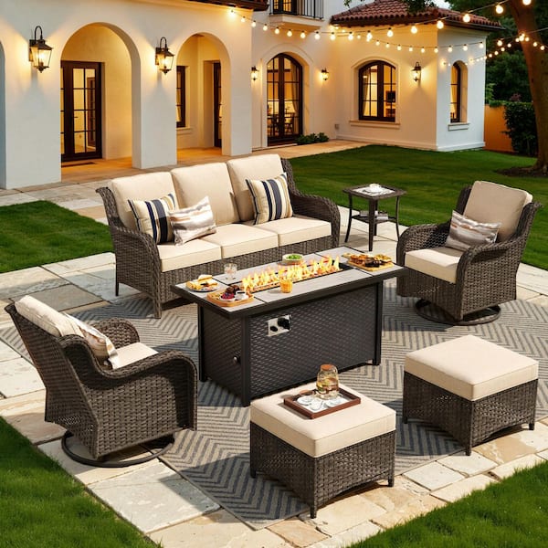Joyoung Brown 7-Piece Wicker Patio 54 in. Rectangle Fire Pit Conversation Set with Beige Cushions and Swivel Chairs