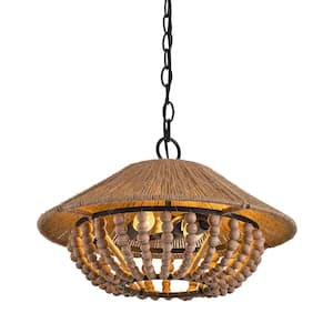 Farmhouse 2-Light Brown Wood Beaded Cage Pendant Light with Rope Shade
