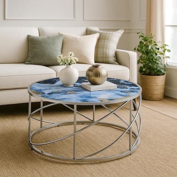 Shira 33 in. Blue Round Faux Marble Coffee Table with Open Chrome Base