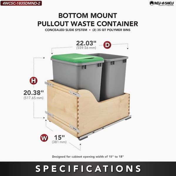 Metallic Silver Double Pull Out Trash Can 35 Qt w/ Soft-Close, 15 in. W, Inset Cabinet Door