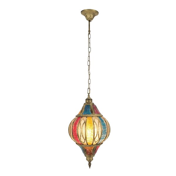 OUKANING 60-Watt 1-Light Gold Bohemin Style Retro Pendant Light with Adjustable Height and Colorful Shade, No Bulbs Included