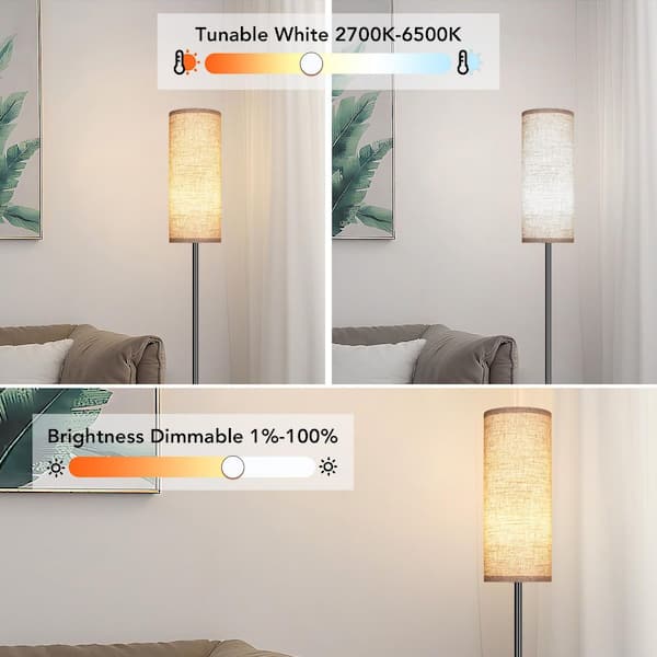 61 in. Black Smart Dimmable Torchiere Floor Lamp with Beige Linen shade