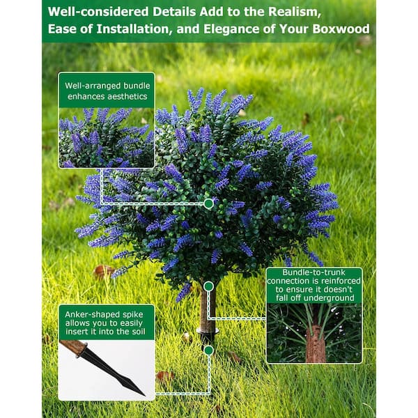 0.79 in. Green Outdoor Artificial Boxwood Shrub Set with Lavender