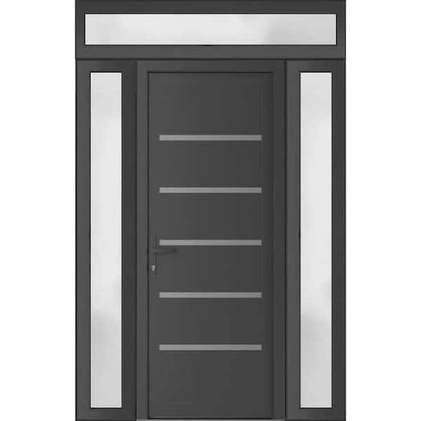 56 in. x 94 in. Right-hand/Inswing Frosted Glass Antracite Grey Steel Prehung Front Door with Hardware