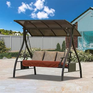 79.5 in. W 3-Person Black Frame Metal Adjustable Patio Swing with Solar LED Light and 3 Cushions