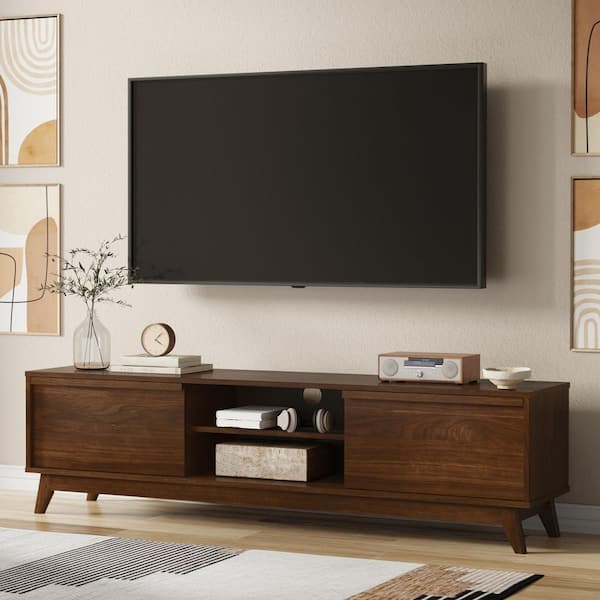 Simpli Home Lennon 72 in. Wide Mid Century Modern TV Media Stand in Walnut Veneer