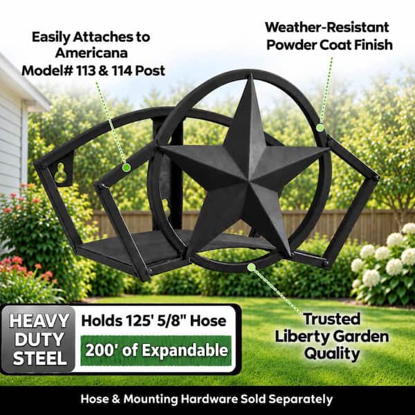 125 ft. Americana Black Metal Star Hose Hanger Garden Hose Reel