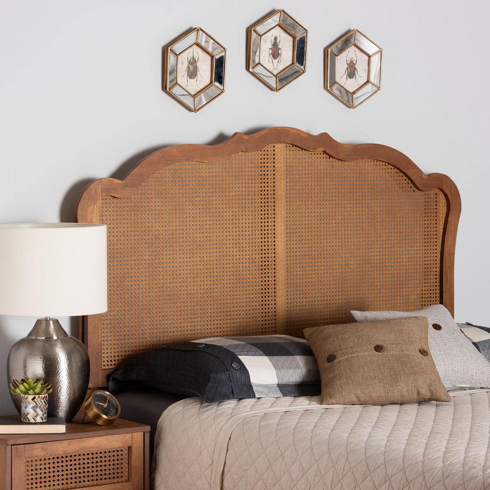 Leandra Ash Walnut Finished Wood King Size Headboard with Rattan