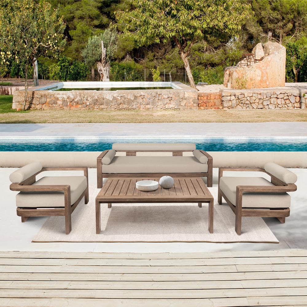 Relic Light Brown 4-Piece Eucalyptus Wood Patio Conversation Set with Taupe
