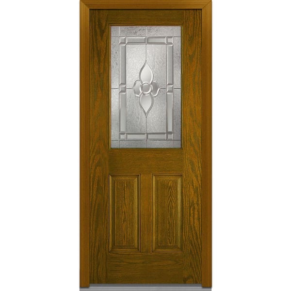 MMI Door 32 in. x 80 in. Heirloom Master Right Hand 1/2 Lite 2-Panel Classic Stained Fiberglass Oak Prehung Front Door