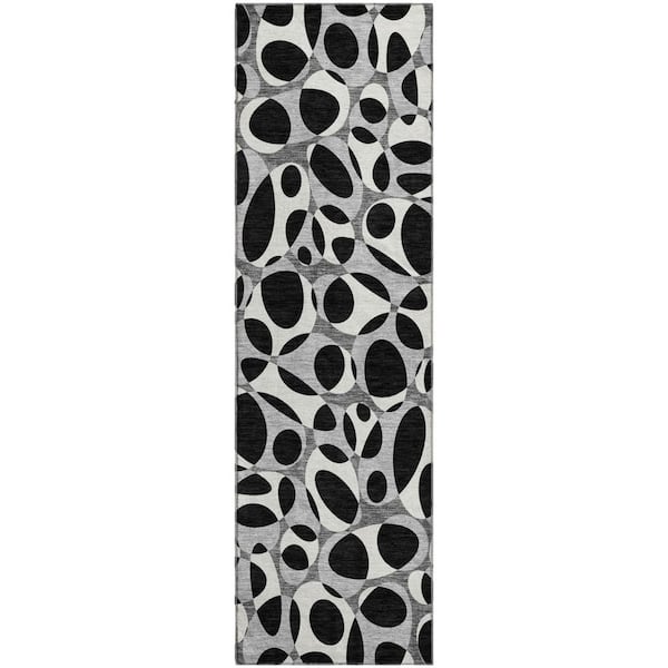 Mayfield Premium Machine Washable Abstract AMF2536 Black 2 ft. x 7 ft. Runner Rug